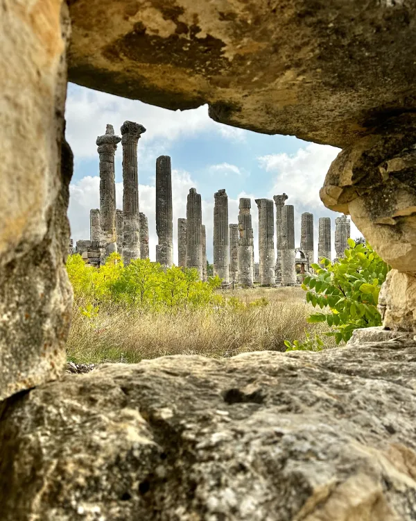 Antik sütunların yer aldığı alanda yeşil bitkiler ve hafif bulutlu gökyüzü