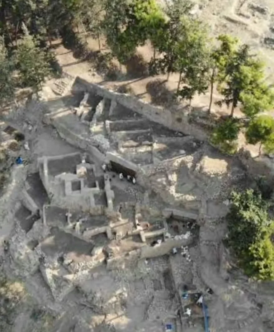Yumuktepe'nin Keşfi - Tarihin Derinliklerinde Arkeolojik Bir Yolculuk! Yeşil ağaçlar arasında arkeolojik kazı alanı ve taş kalıntıları