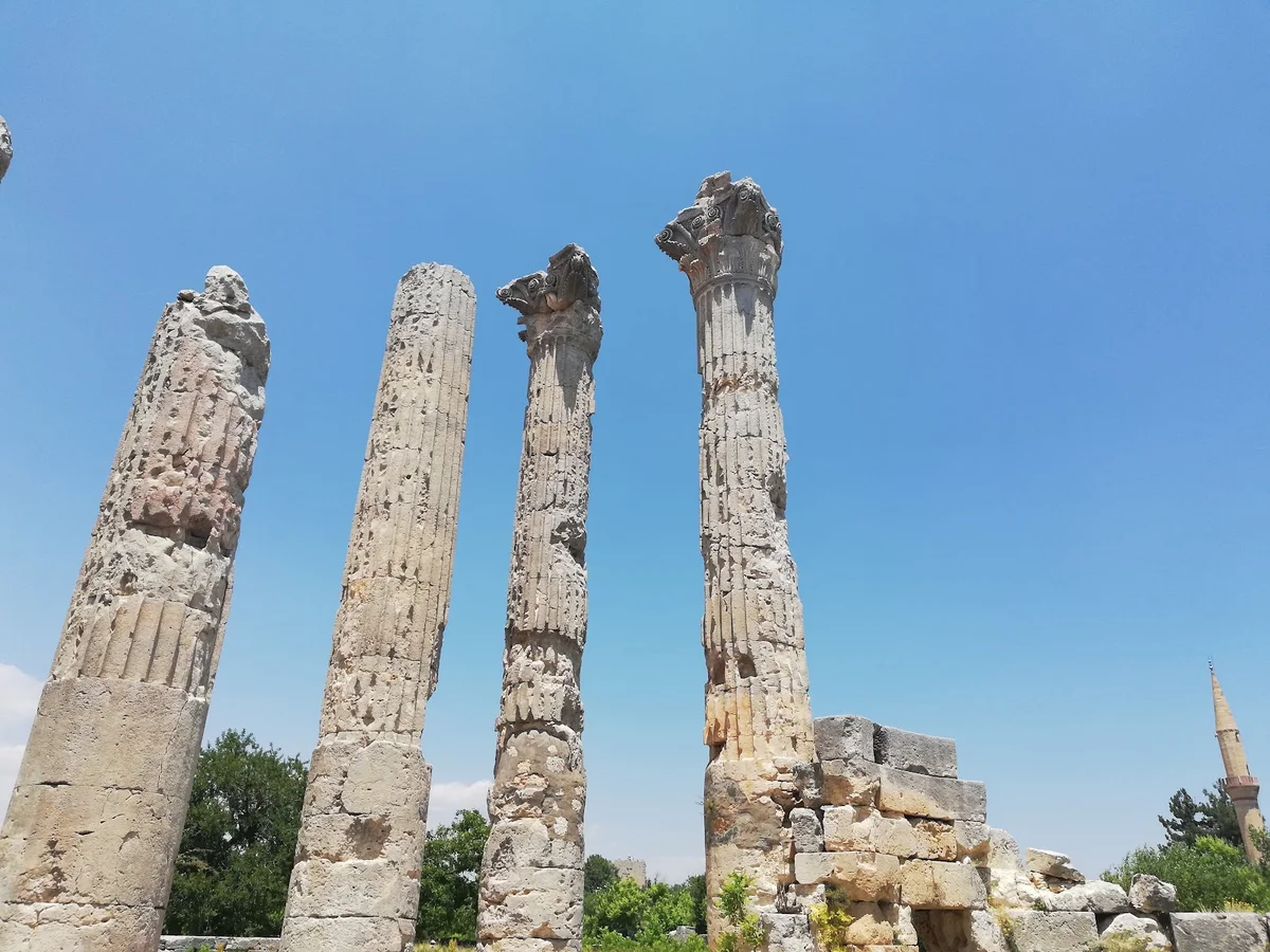 Olba Antik Kenti'nin Büyüleyici Sütunları - Keşfetmeye Hazır mısınız? Antik sütunlar, taş kalıntıları ve yeşil ağaçlar arasında tarihi bir manzara sunuyor.