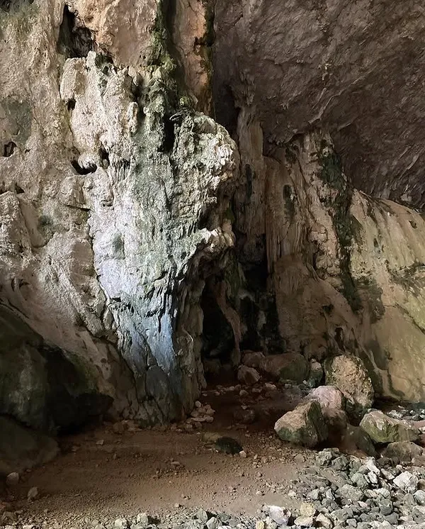 Büyük bir mağaranın iç kısmında yosunlu taş duvarlar ve çakıllı zemin görünmekte.
