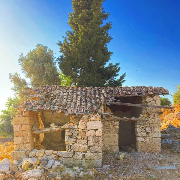 Taşlardan yapılmış eski bir yapının önünde açık mavi gökyüzü ve yeşil ağaçlar