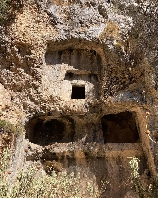 Yüksek kayada yer alan antik mezar yapıları ve çevresindeki bitki örtüsü