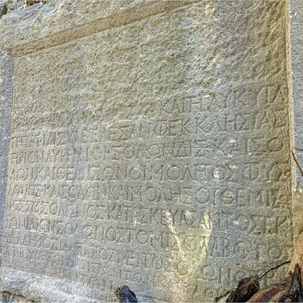 Taş duvarda oyulmuş antik yazıt, pürüzlü yüzey ve bitkilerle çevrili